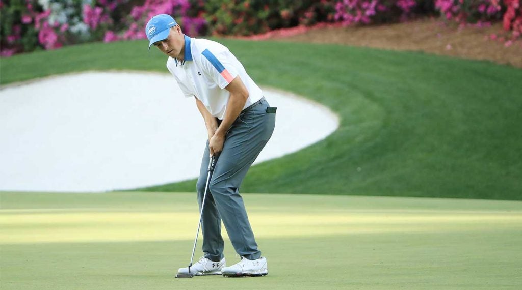 Jordan Spieth reacts to a missed putt during the first round of the Masters.