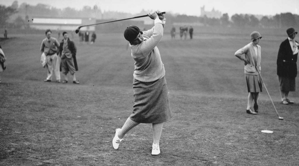 American amateur golfer Marion Hollins hits a drive during the second day of the 1929 Ladies Open Golf Championship in St. Andrews, Scotland.