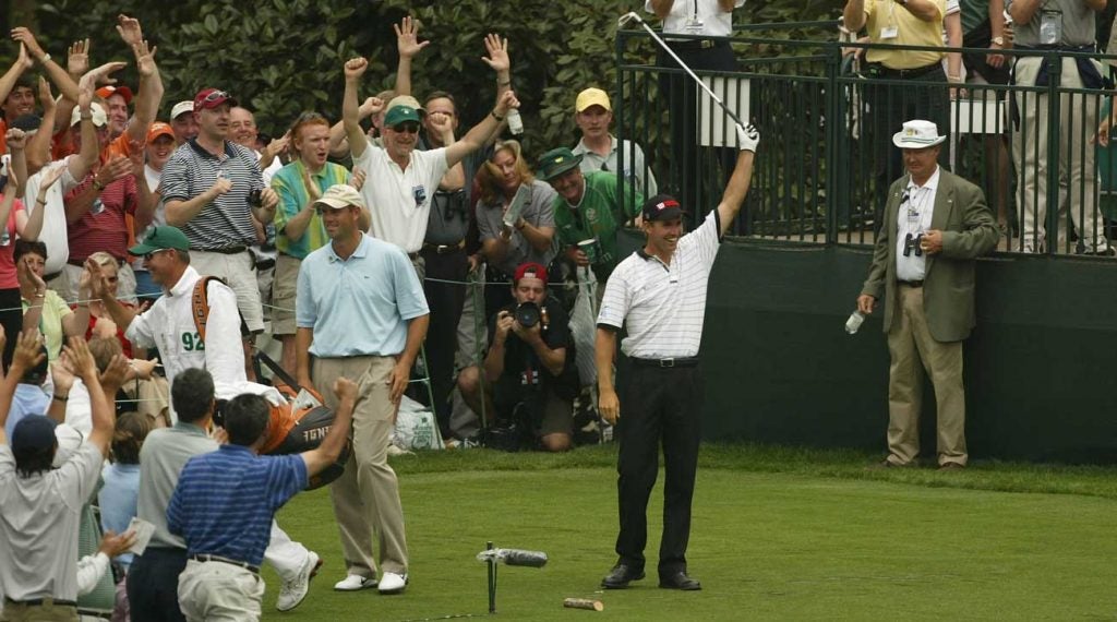 Padraig Harrington reacts after making an ace at the 2004 Masters.