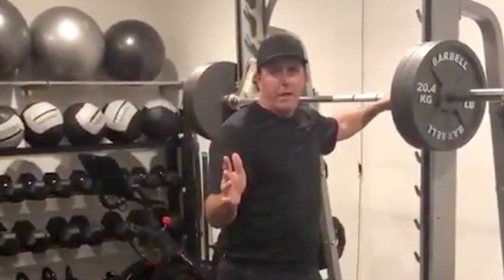 Phil Mickelson goes through a calf workout.