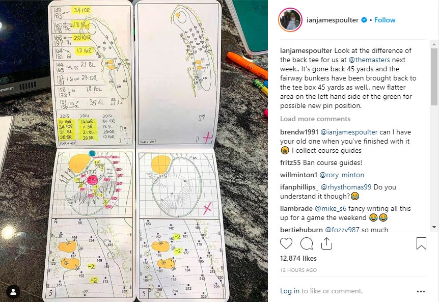 Ian Poulter's Instagram post showing his Masters yardage book.