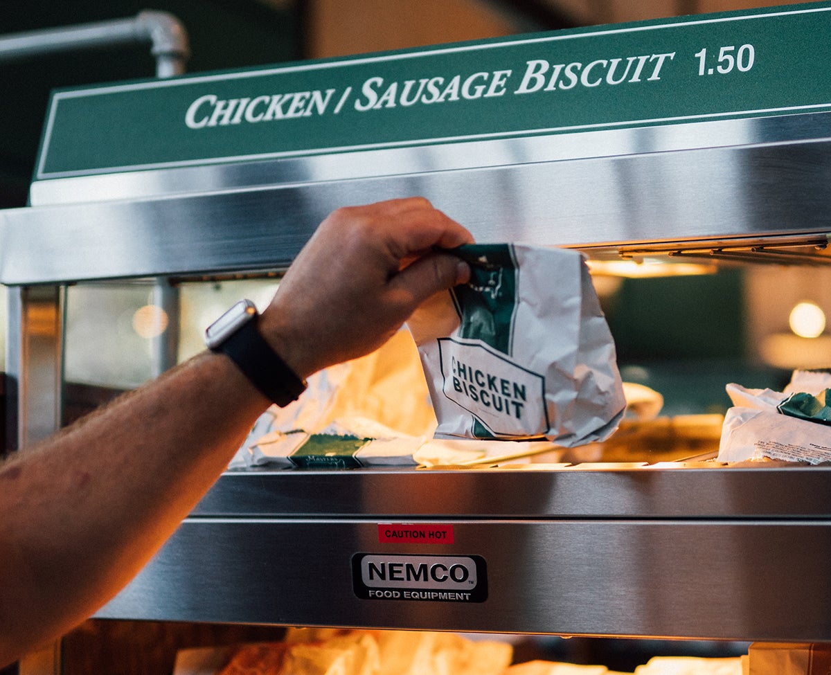 Chicken and sausage biscuits for $1.50? Yes, please.