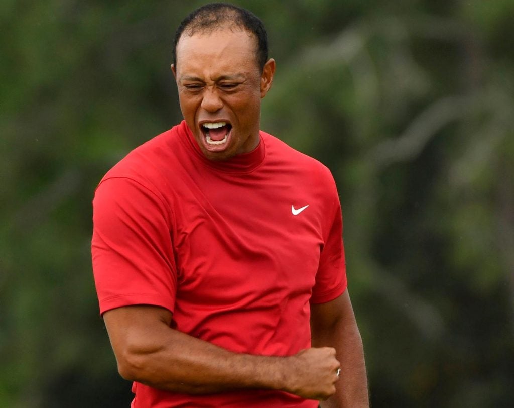 Tiger seconds after clinching his Masters win.