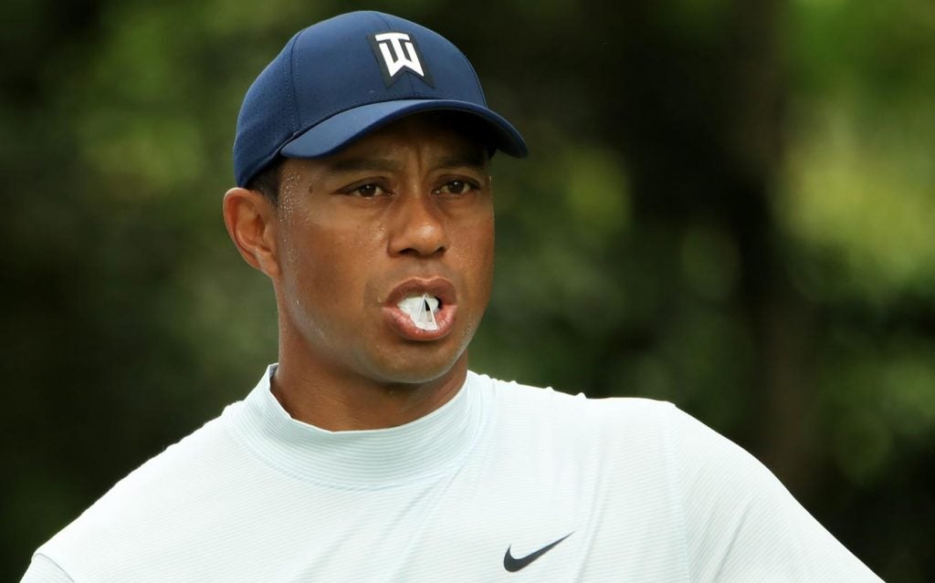 Tiger Woods pictured chewing gum on Friday during the second round of the 2019 Masters.