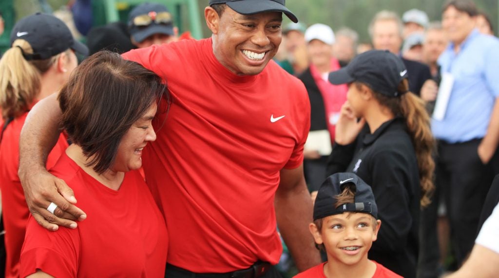 Tiger Woods celebrates his 2019 Masters win.