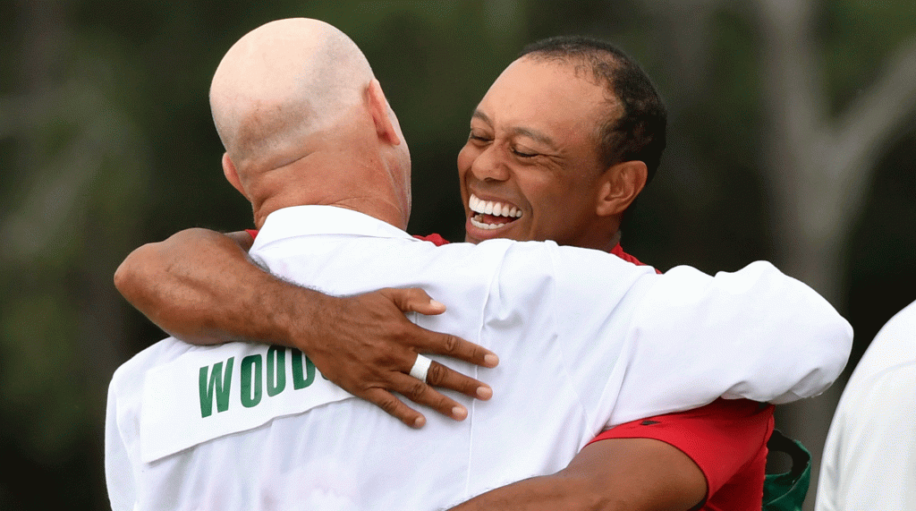 Tiger Woods and caddie Joe LaCava celebrated at the 2019 Masters. 