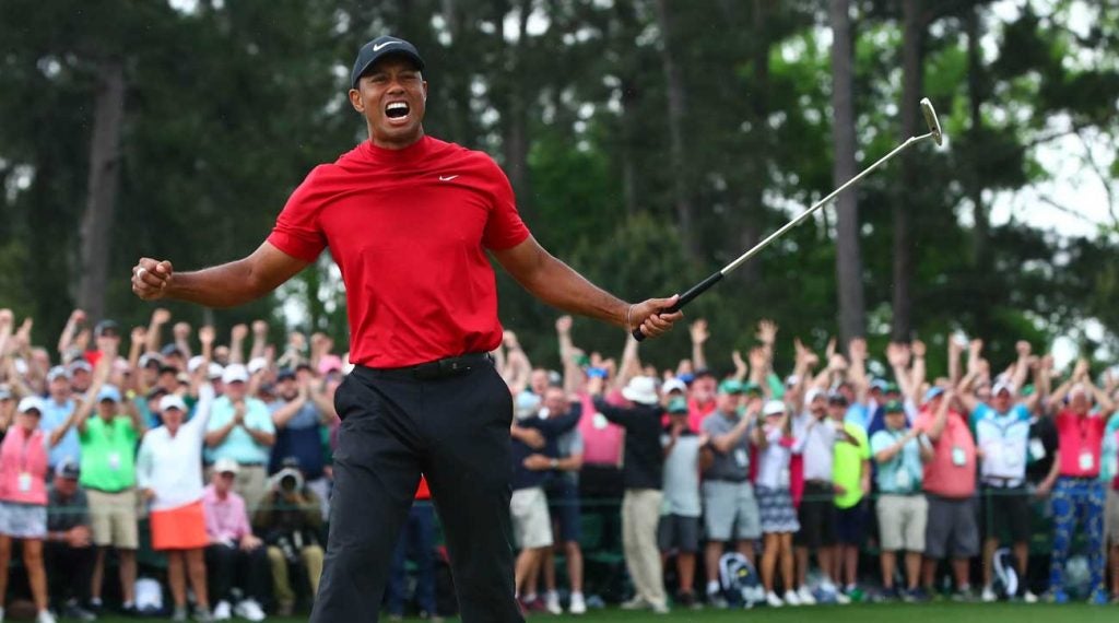 Tiger Woods reacts immediately after clinching the Masters.