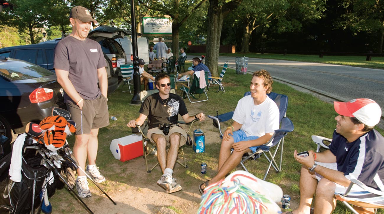 Golfers hanging out at Bethpage, hoping to earn themselves a tee time.