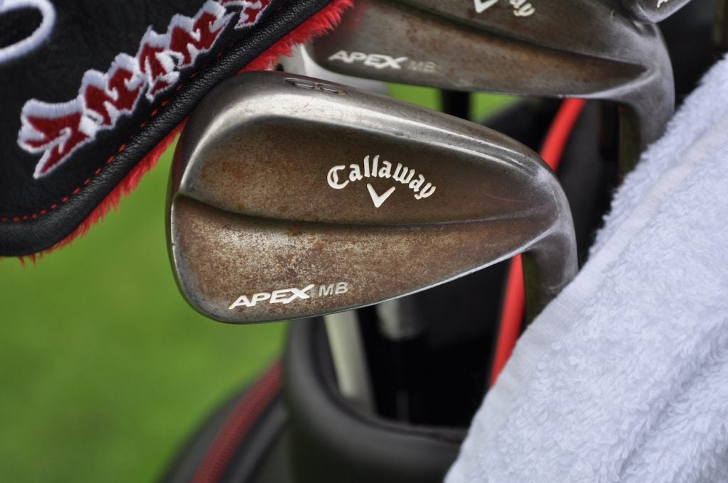 Mike Lorenzo-Vera's Callaway Apex MB irons have a thin coat of rust covering the head.  