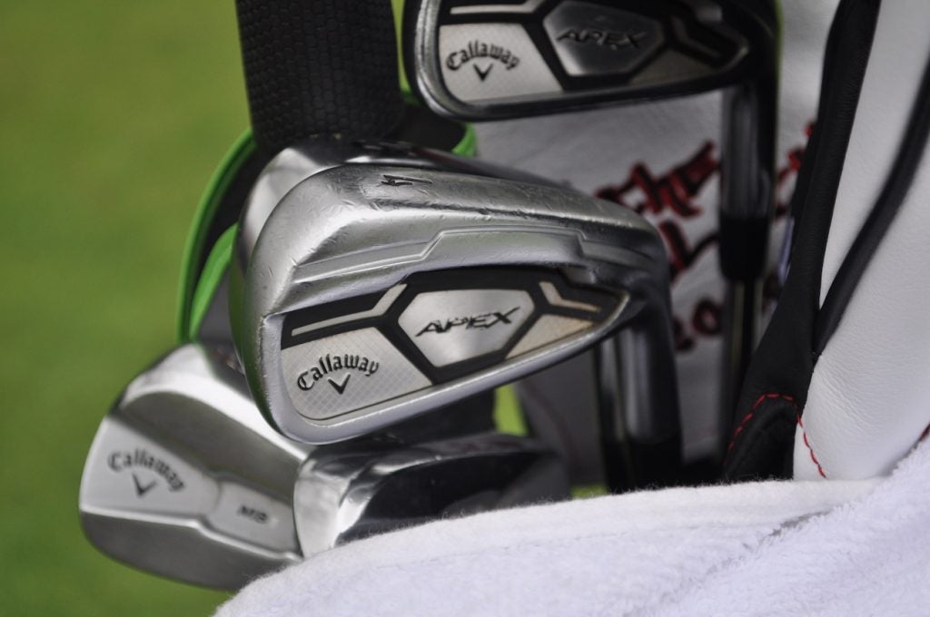 Daniel Berger's Callaway Apex 4-iron has bag chatter and dings from years of use. 