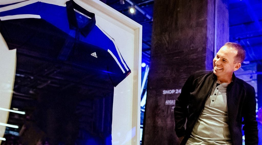 Sergio Garcia unveils his special edition Adidas 365 polo at the New York flagship store.