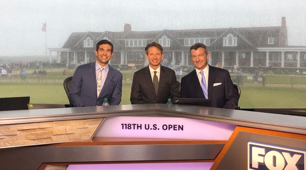 Shane Bacon (far left) poses in the booth at the 2018 U.S. Open at Shinnecock.
