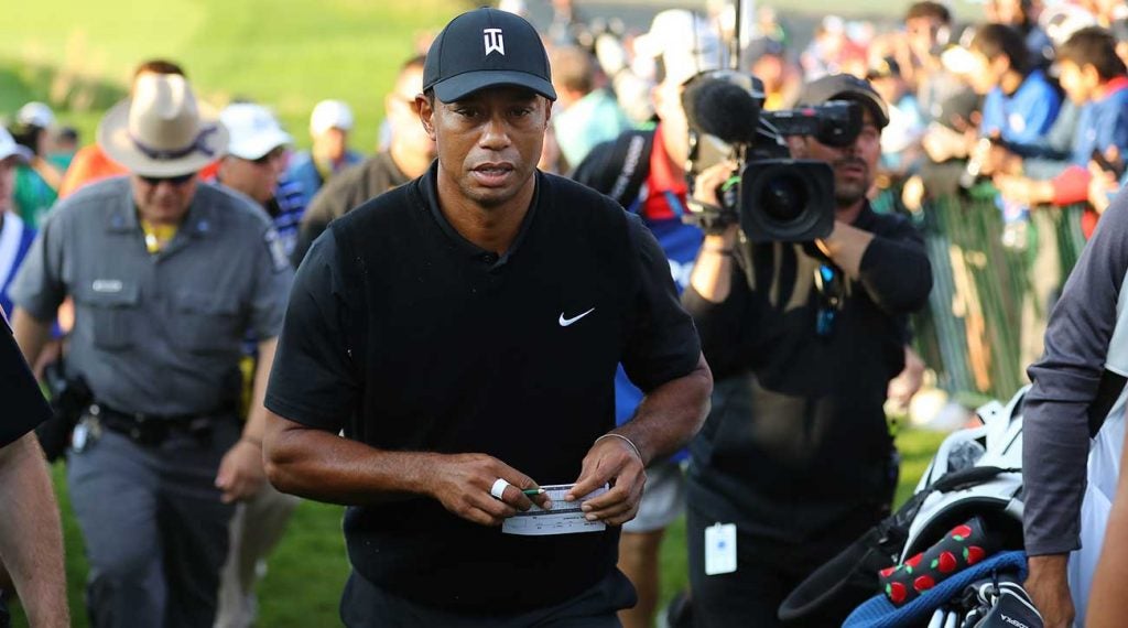 Tiger Woods walks off a green during the third round of the PGA Championship.