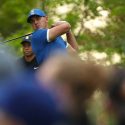 Brooks Koepka hits driver during the second round of the PGA Championship.