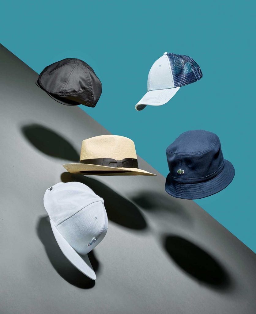 Clockwise from top left: New Era EK Cotton Driver Cap, black, $60; Vineyard Vines Blank Trucker Hat, $30; Lacoste Men’s Cotton Piqué Bucket Hat, $60;  Jones Golf Birdie Patch Snapback, $30; JJ Hat Center, The Phips, $275. 