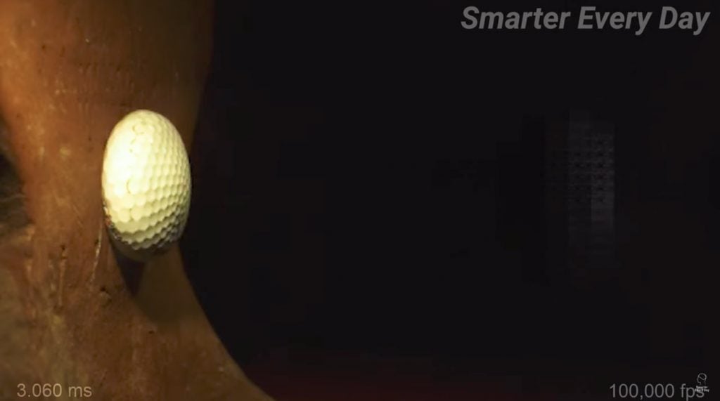 A modern golf ball slams into an anvil at 500 mph.