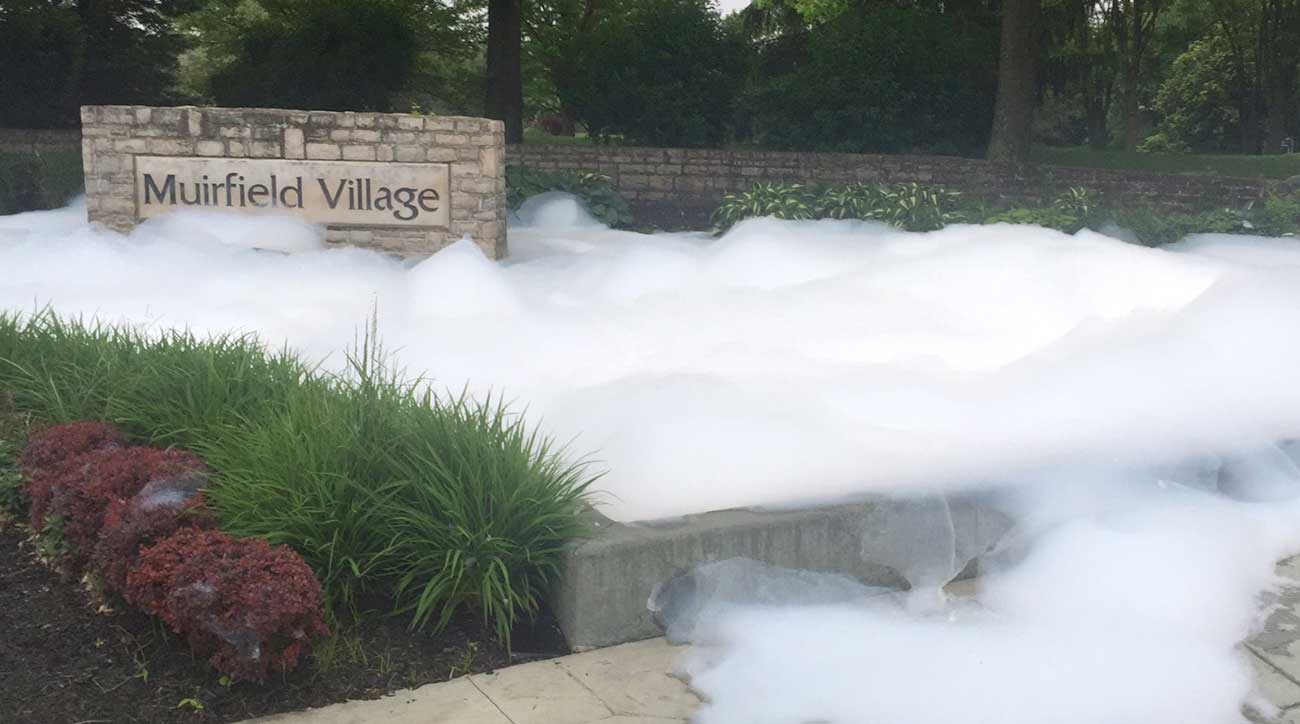 Bubbles overflow from the fountain at Muirfield Village.