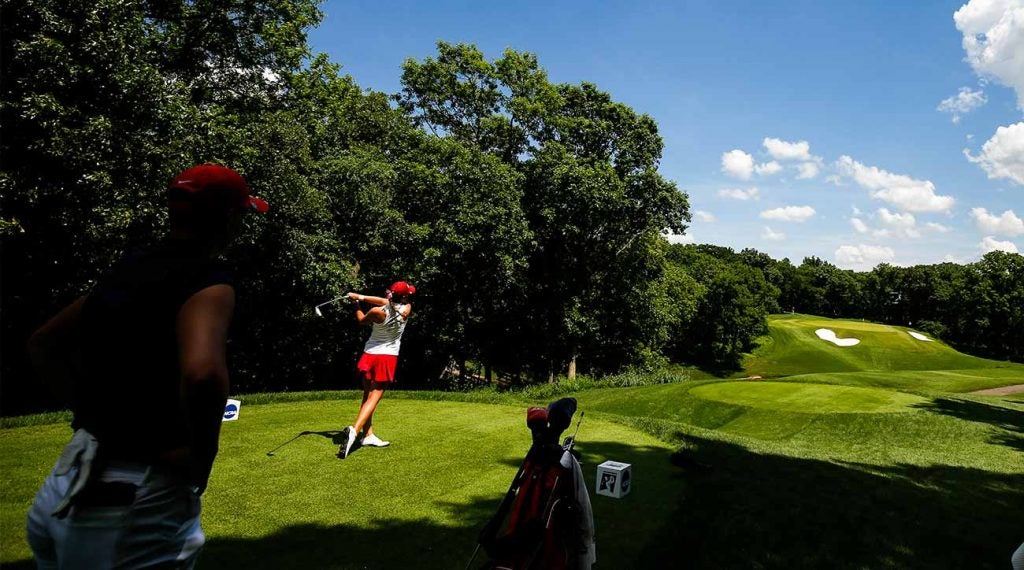 An Alabama player tees off during the 2018 Division I Women's Golf Championships.