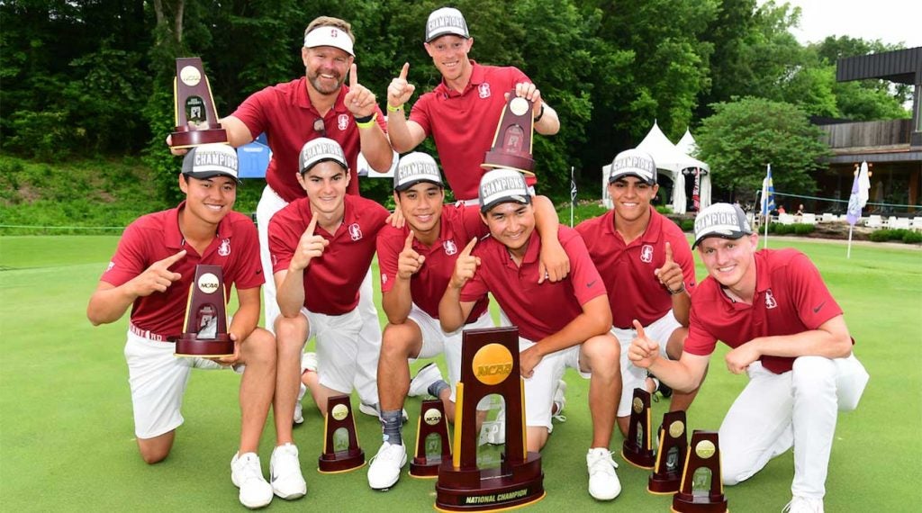 The Stanford men's golf team celebrates its NCAA title.