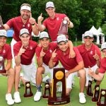 The Stanford men's golf team celebrates its NCAA title.