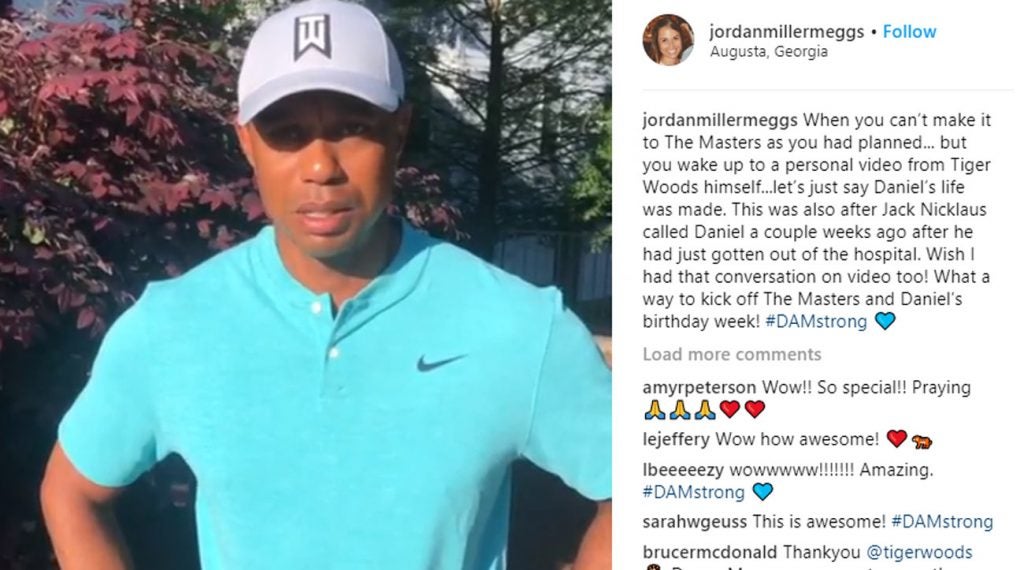 Daniel Meggs' wife posted Tiger Woods' video to him on Instagram