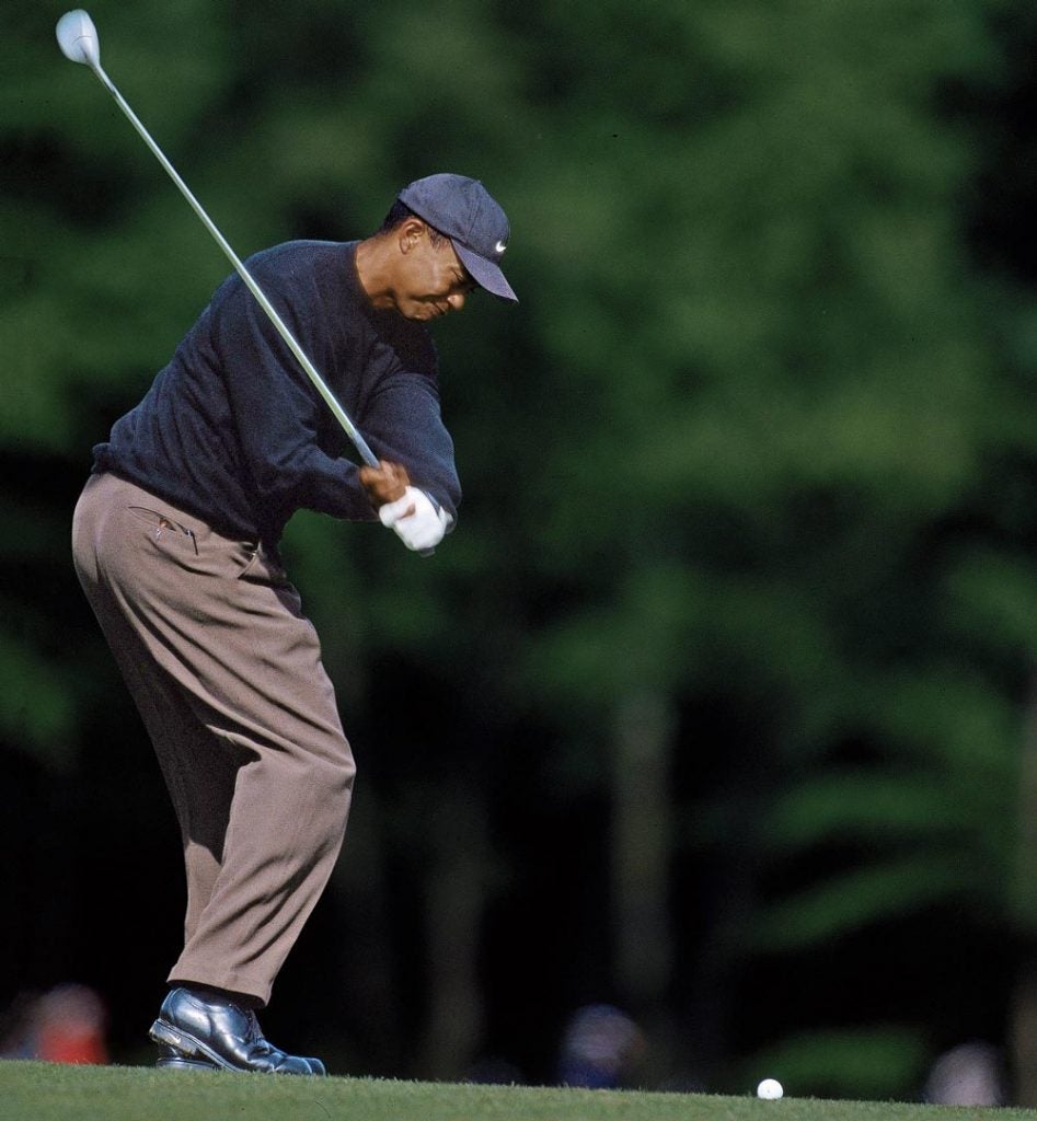 Tiger Woods puts a new Nike golf ball in play during the Deutsche Bank SAP Open in May 2000.