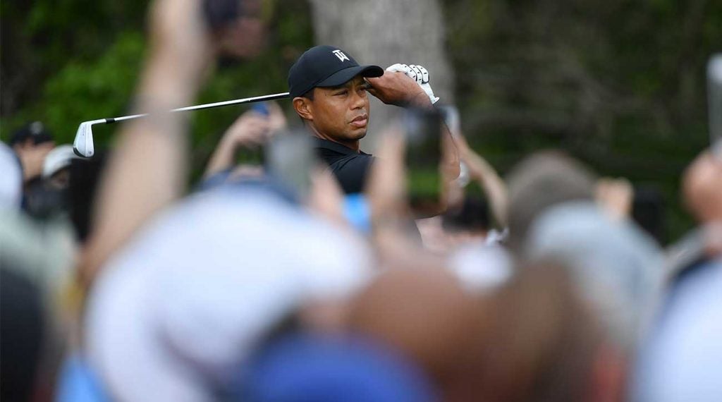 Tiger Woods watches a tee shot during the second round of the 2019 PGA Championship.
