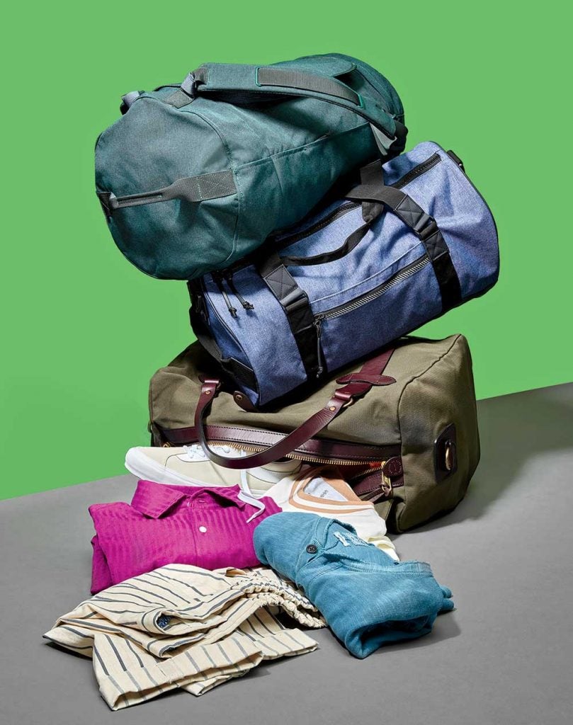 Top to bottom: Everlane The Mover Pack, $78; Jones Golf Utility Scout Dufﬂe, $100; Filson Leather-Trimmed Twill Dufﬂe, $395; Vans Bold Ni, $65; Massimo Alba Striped Watercolour-Dyed Cotton Shirt, $285; Rag & Bone Classic Henley, $150; PT Pantaloni Torino Cotton & Linen Trousers, $425.