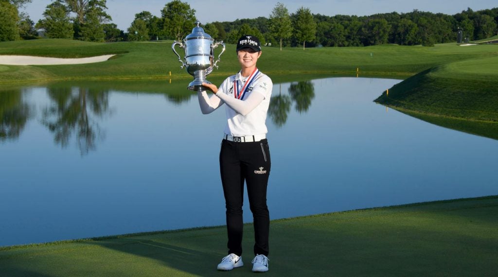 Sung Hyun Park poses with the 2017 U.S. Women's Open at Trump National Bedminster.