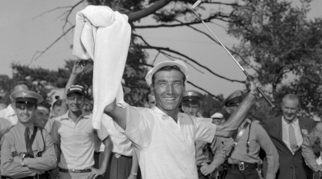 Ed Furgol waves to the crowd during the final round of the 1954 U.S. Open at Baltusrol