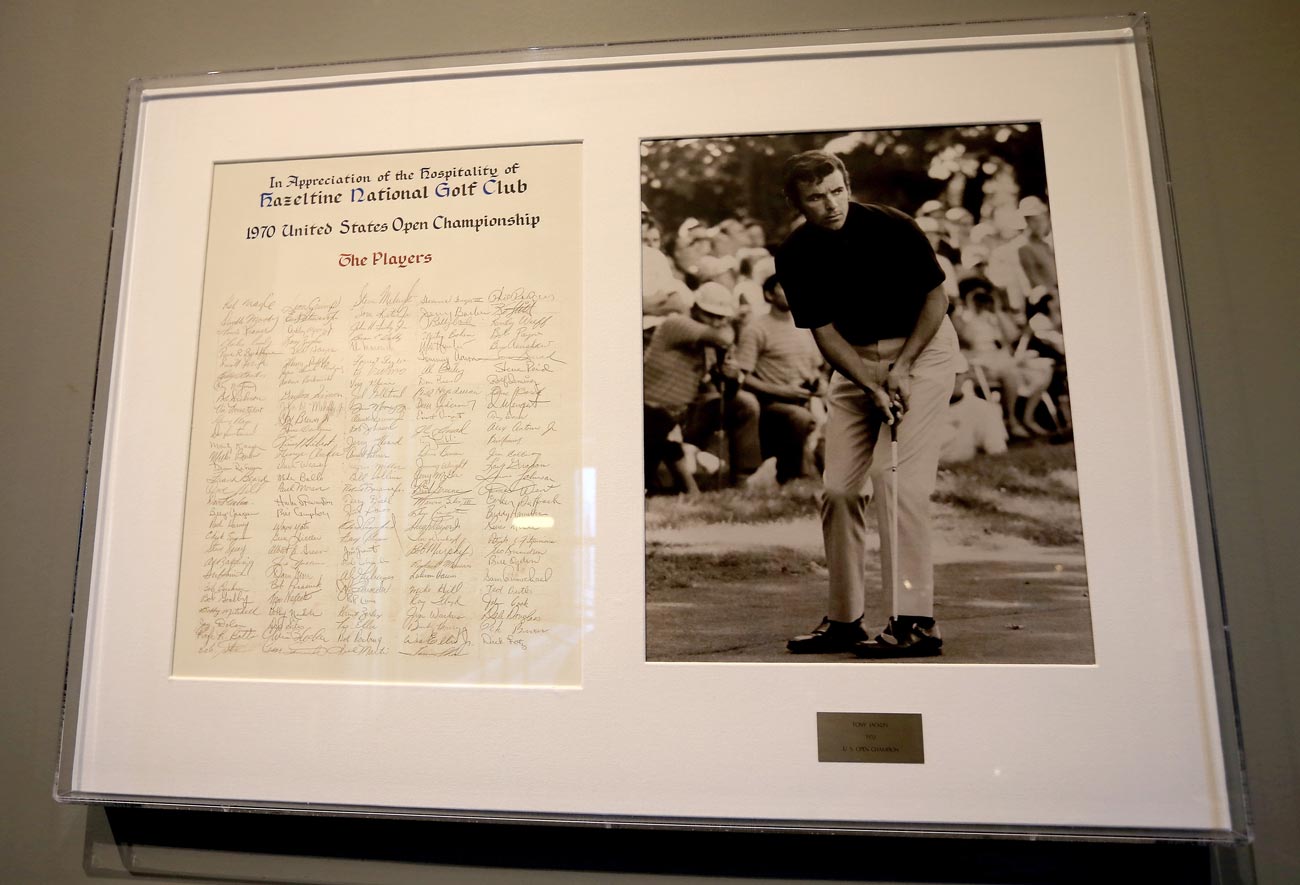 A plaque commemorating Tony Jacklin's 1970 U.S. Open win hangs in the clubhouse at Hazeltine.