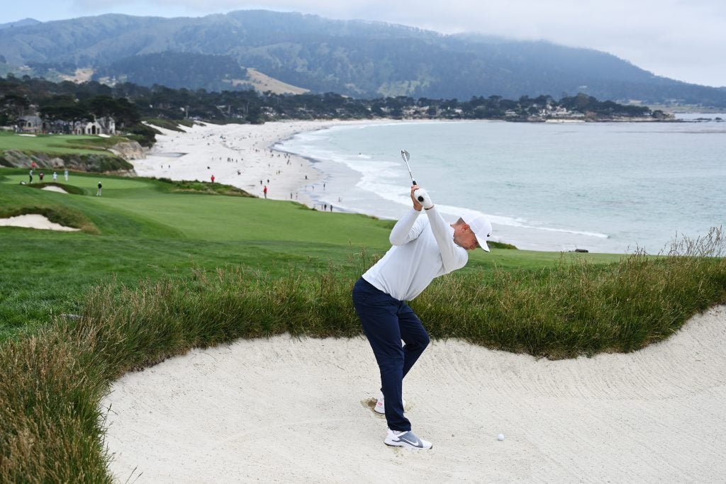 PEBBLE BEACH, CALIFORNIA - JUNE 13: Alex Noren of Sweden plays a shot from a bunker on the ninth hole during the first round of the 2019 U.S. Open at Pebble Beach Golf Links on June 13, 2019 in Pebble Beach, California. (Photo by Ross Kinnaird/Getty Images)