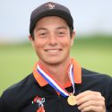 Amateur Viktor Hovland of Norway celebrates with his low amateur award medal at the 2019 U.S. Open at Pebble Beach Golf Links on June 16, 2019 in Pebble Beach, California.