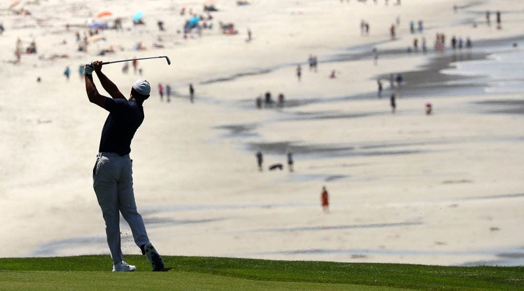 Tiger Woods tees off during a Pebble Beach practice round.