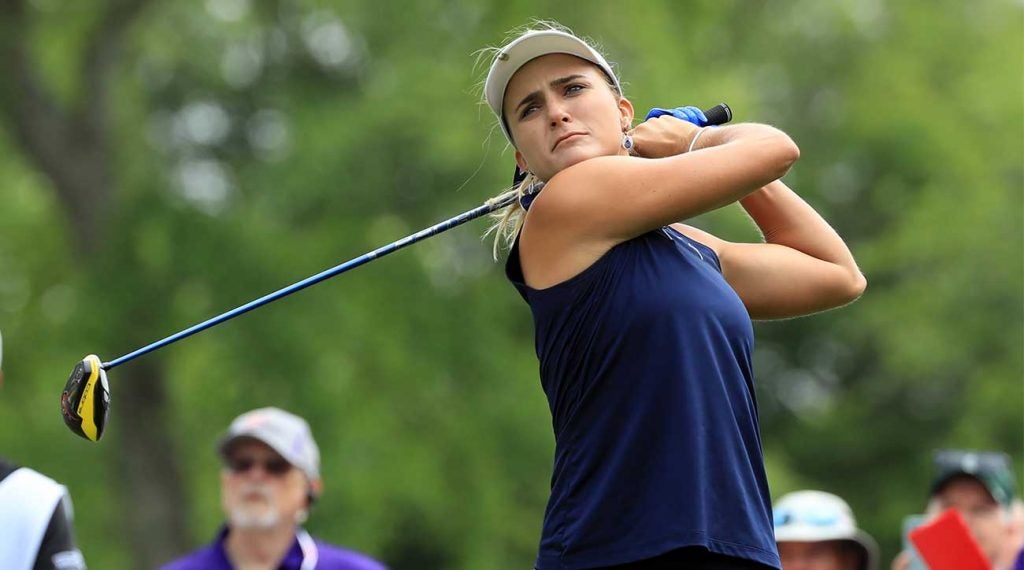 Lexi Thompson watches a tee shot during the first round of the ShopRite LPGA Classic.