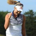 Lexi Thompson celebrates her eagle on the final hole of the ShopRite LPGA Classic.