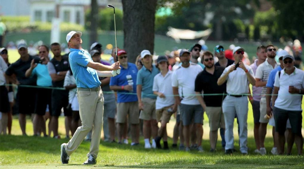 Nate Lashley hits a shot during the final round of the Rocket Mortgage Classic.