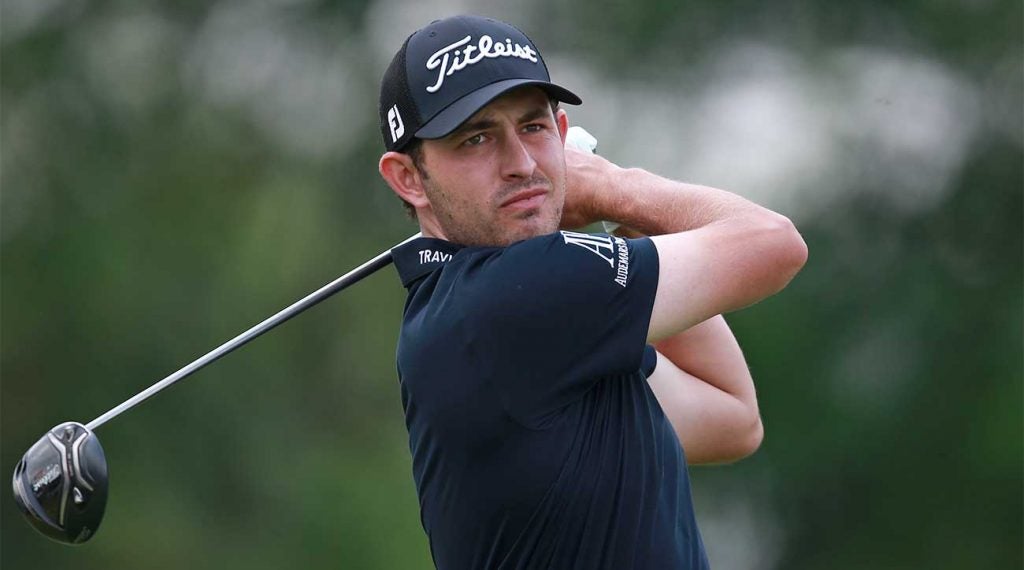 Patrick Cantlay hits driver during the final round of the Memorial.