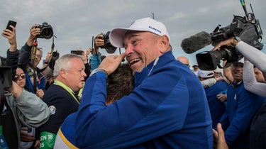 Thomas Bjorn celebrates Europe's 2018 Ryder Cup victory over the U.S.
