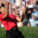 Tiger Woods celebrates his birdie putt on the 18th hole of the final round of the 2008 U.S. Open. He won the next day in a playoff.