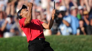 Tiger Woods celebrates his birdie putt on the 18th hole of the final round of the 2008 U.S. Open. He won the next day in a playoff.