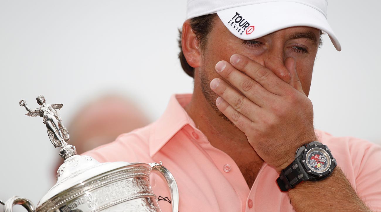 Graeme McDowell gets emotional after accepting the 2010 U.S. Open trophy at Pebble Beach.