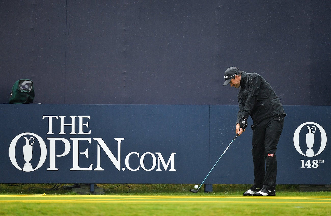 Antrim , United Kingdom - 17 July 2019; Adam Scott of Australia tees off on the 1st tee during a practice round ahead of the 148th Open Championship at Royal Portrush in Portrush, Co. Antrim. (Photo By Brendan Moran/Sportsfile via Getty Images)