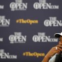 Tiger Woods speaks to the media during his press conference at the Open Championship.