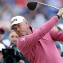 Lee Westwood watches a tee shot during the second round of the British Open at Royal Portrush.