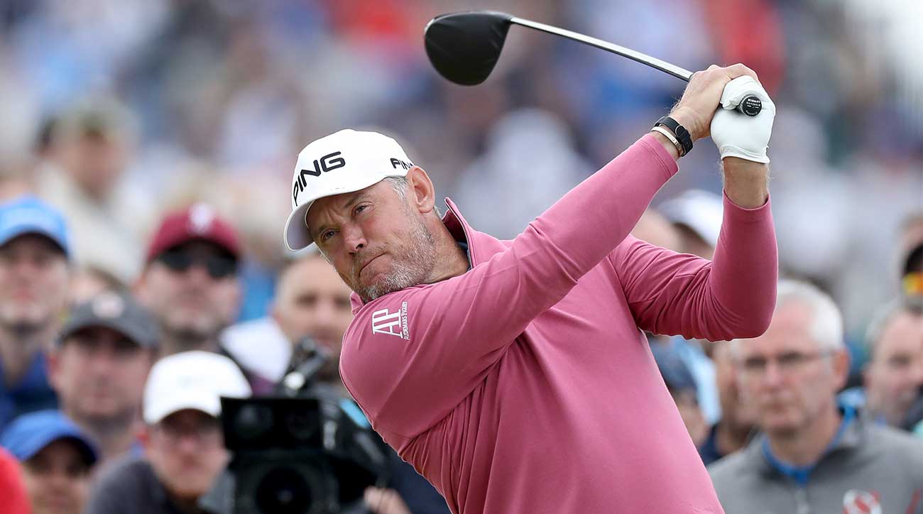 Lee Westwood watches a tee shot during the second round of the British Open at Royal Portrush.
