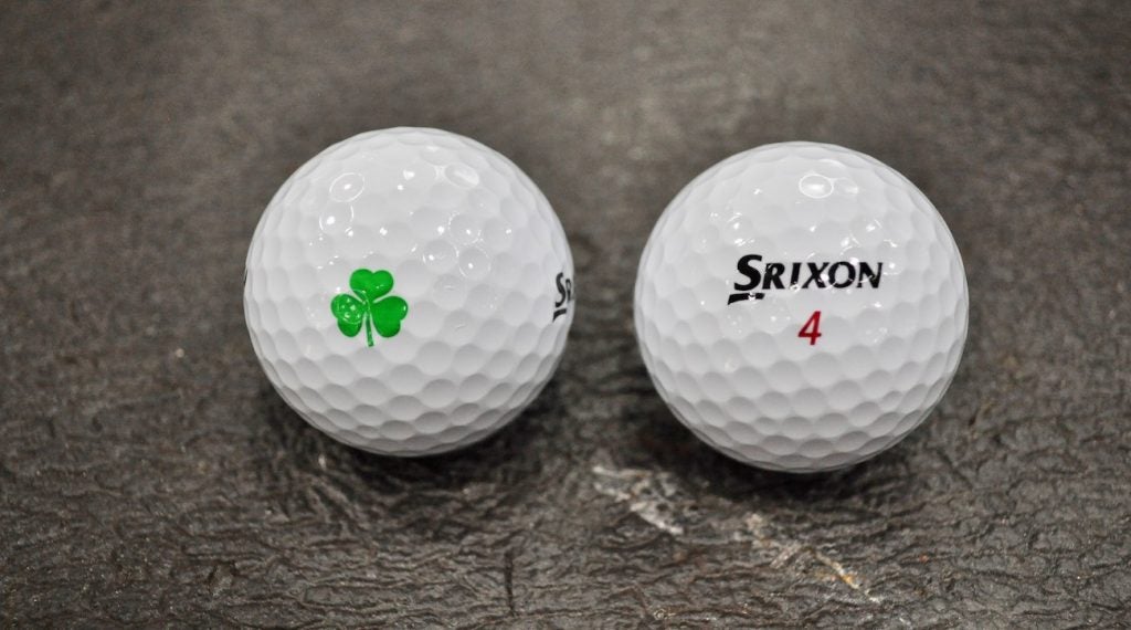 Shane Lowry's Srixon Z Star XV golf ball has a shamrock printed on the side.