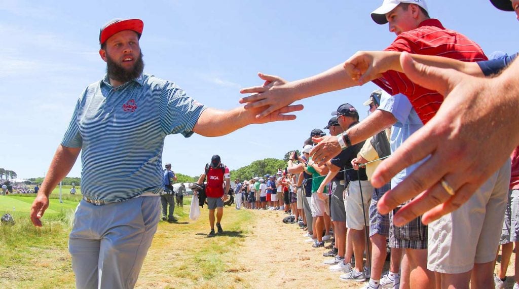 Andrew 'Beef' Johnston greets fans at 2018 U.S. Open