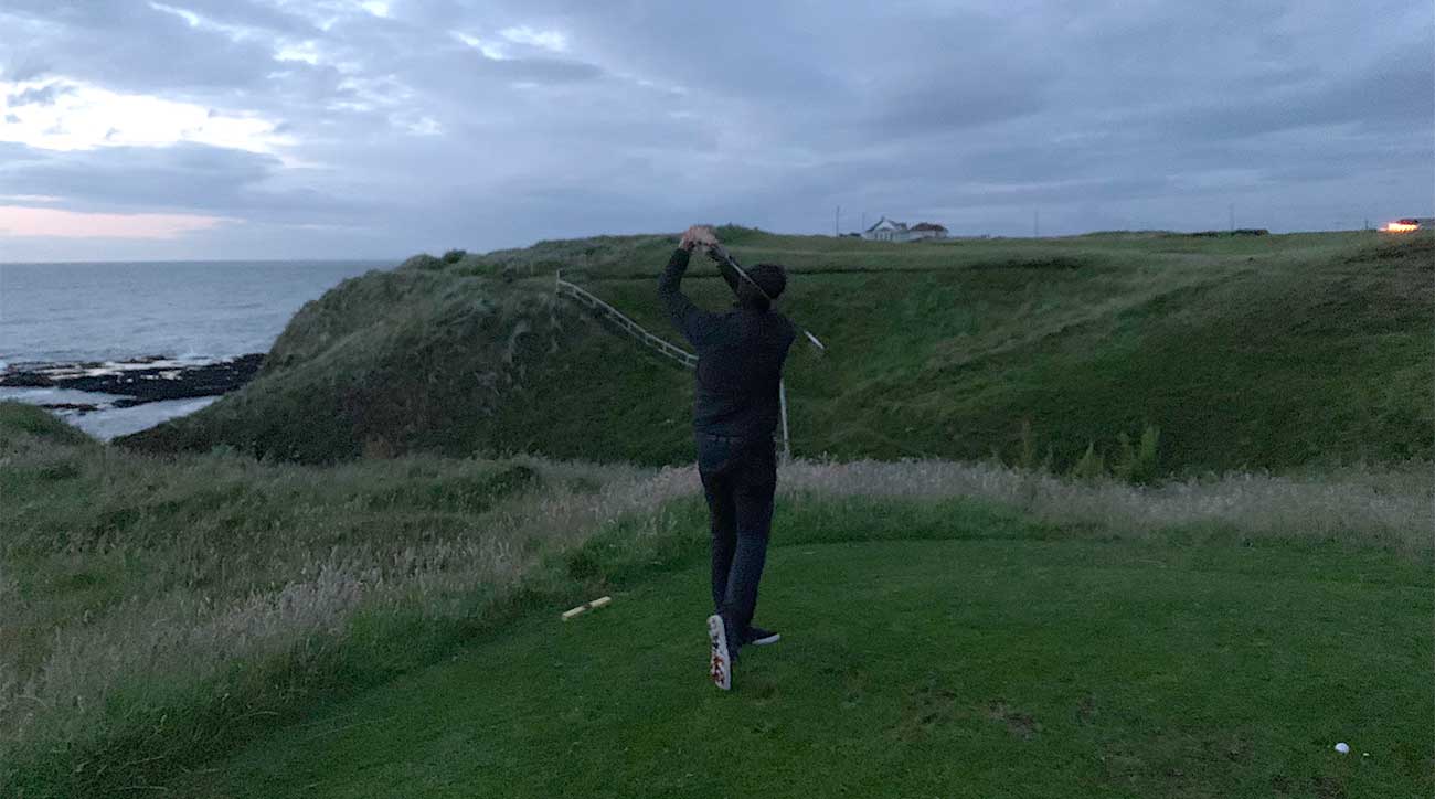 Dylan Dethier watches an iron shot sail toward the green at Ballyreagh Golf Course in Northern Ireland, just down the road from where Shane Lowry won his first major title.