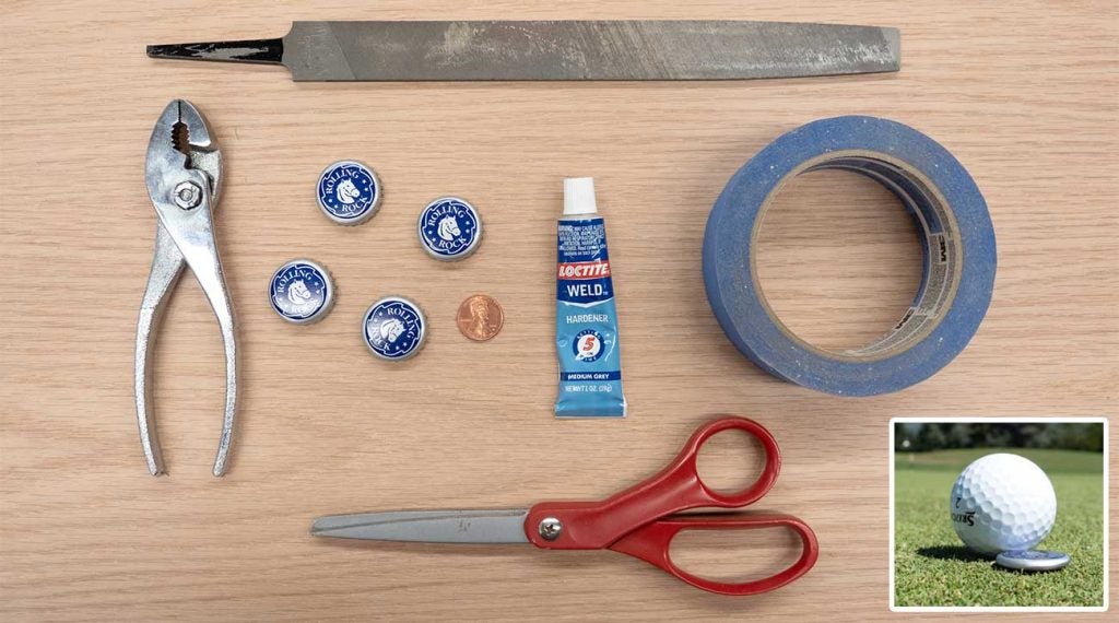 To get started, you'll need bottle caps from your favorite drink, pliers, metal file, tape, scissors and a penny. (Grinder not pictured.)